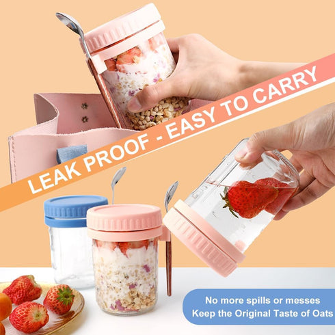 4 Pack 16oz SUROQUE Overnight Oats Containers with Lids and Spoons - Glass Mason Jars, Leakproof Meal Prep Storage