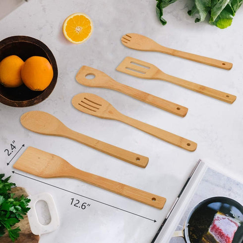 Bamboo Kitchen Utensils, 6 pcs Nonstick Spatula Tools, Heat Resistant Cooking Utensil Set, Premium Wooden Spoon Sets