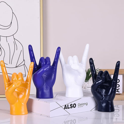 7.7" QIANLING Blue Resin Rock On Hand Gesture Statue - Rock Culture Music Lovers' Decorative Tabletop Sculpture