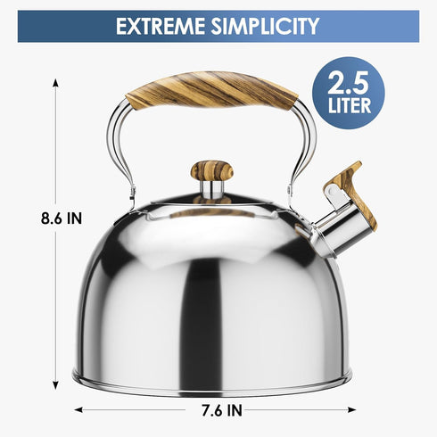 Tea Kettle Stovetop, Whistling Tea Kettles for Stove Top, Teakettle Tea Pots for Stovetop, Food Grade Stainless Steel Teapot Kettle with Wood Pattern Handle for Home Kitchen, 2.5 Liter Silver by Chefbar