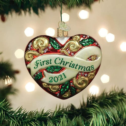 Old World Christmas 2021 First Christmas Heart Glass Blown Ornaments for Christmas Tree