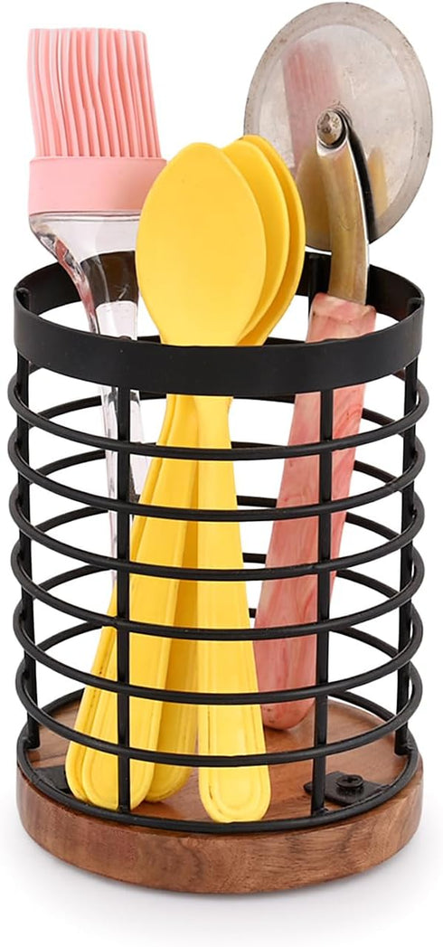 Black Iron Kitchen Utensil Holder with Acacia Wooden Base, Round Flatware Storage for Countertop (4.5" x 4.5" x 6")