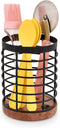 Black Iron Kitchen Utensil Holder with Acacia Wooden Base, Round Flatware Storage for Countertop (4.5" x 4.5" x 6")
