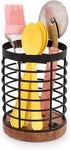 Black Iron Kitchen Utensil Holder with Acacia Wooden Base, Round Flatware Storage for Countertop (4.5" x 4.5" x 6")