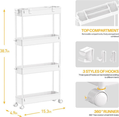 SPACELEAD Slim Storage Cart 4 Tier - Rolling Utility Organizer for Bathroom, Kitchen, Laundry Room & Narrow Places -