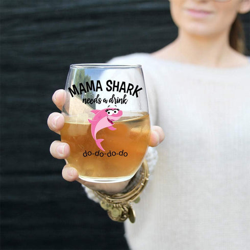 Mama Shark Needs a Drink Funny Stemless Wine Glass - Mom Gift for Birthdays, Mother's Day, Holidays