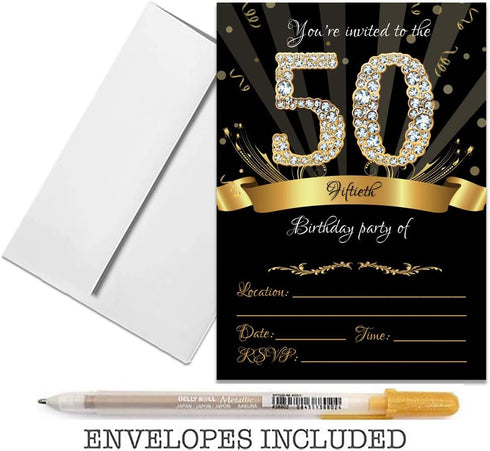 50th Birthday Party Invitations, 5x7 Black & Gold Cards with Envelopes and Gold Metallic Pen (Pack of 25)