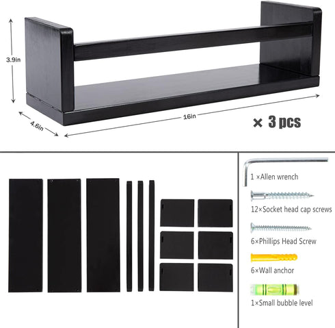 16 Inch Set 3 AZSKY Black Nursery Shelves of Wooden Floating Wall Bookshelf for Kids Nursery Shelves for Wall,Bathroom