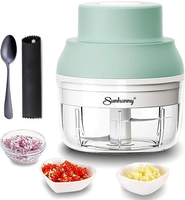 Electric Garlic Chopper Mini, Garlic Masher Crusher, Food Processor Small with Peeler and Spoon (100ML/3.3FL OZ, Green)