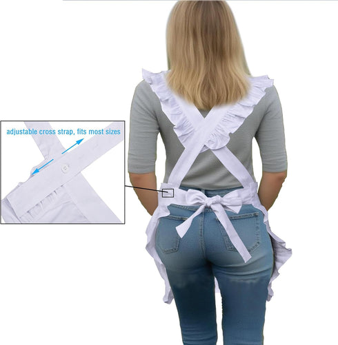 2 Love Potato Retro Style Cotton Kitchen Apron for Women - Adjustable Cross Back Ties, Pockets - White