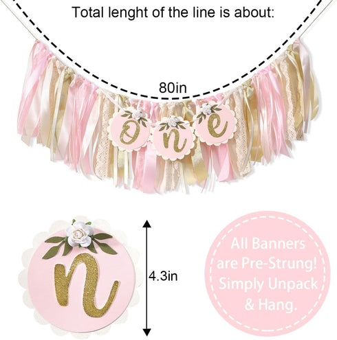 Agkvw 1st 1st Pink Golden Floral High Chair Banner - Rose Birthday Highchair Banner, Girls Birthday Decoration, Pink