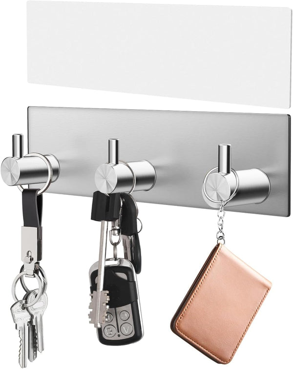 VIS'V Wall Mount Key Holder, Silver Self Adhesive Key Hanger with 3 Hooks, Key Rack for Entryway Hallway