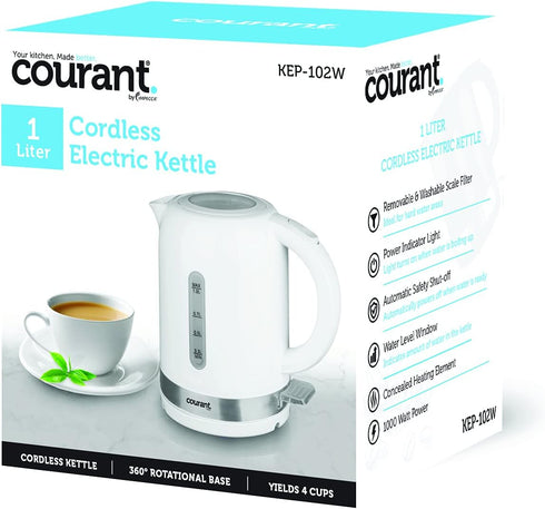 Courant Cordless Electric Kettle, 1 Liter, 1000W with LED Light for Tea, Coffee, Hot Water, White
