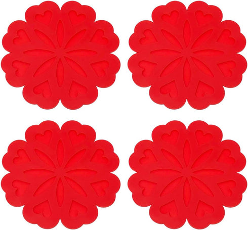 Allydrew Multi-use Durable Flexible Non-Slip Insulated Trivet Silicone Pot Holders, Set of 4, Red Hearts