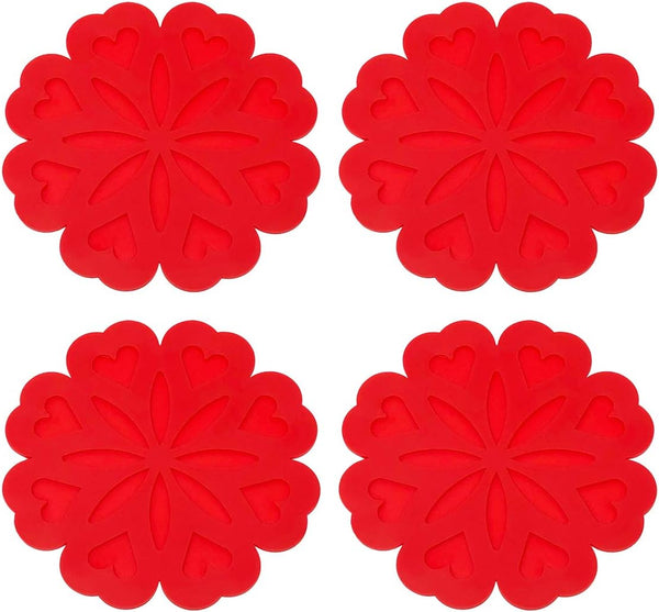 Allydrew Multi-use Durable Flexible Non-Slip Insulated Trivet Silicone Pot Holders, Set of 4, Red Hearts