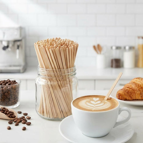 5.5 Inch 200 Count Wooden Coffee Stir Sticks, Premium Natural Birch Wood Stirrers for Coffee Bar Accessories