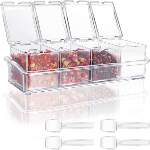 Clear Seasoning Box 4 PCS/Set, Acrylic Spice Rack with Spoon, Lid & Tray for Salt Pepper Sugar