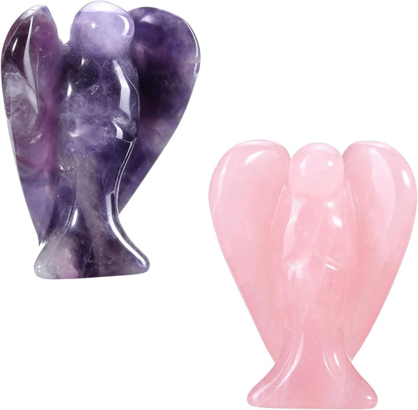 Jovivi 2pcs Amethyst Rose Quartz Crystal Angel Figurines, 1.5 Inch Polished Pocket Guardian Angel Statue for Home Decor