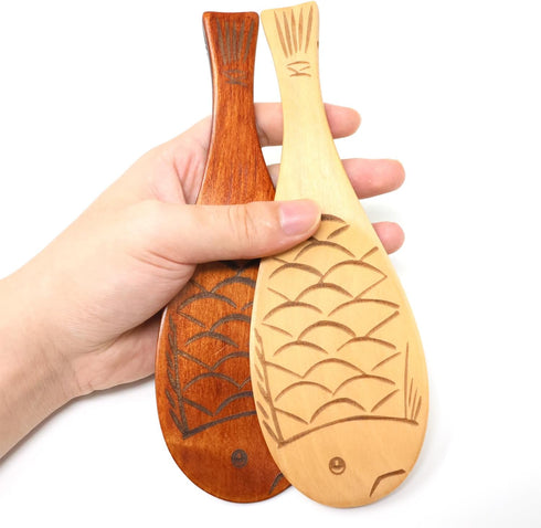 Honbay 2PCS Wooden Rice Paddle, Cute Fish Shaped Rice Spoon for Cooking Rice, Potato Salads, Desserts (2 Color)