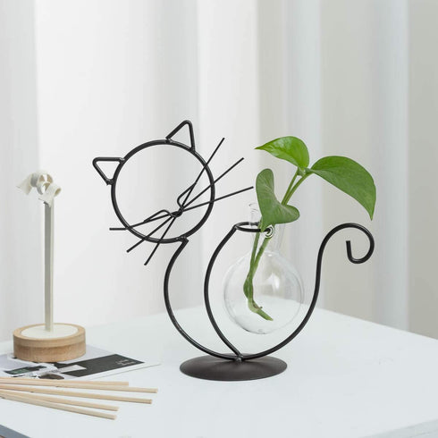 TJ Global Cat Glass Planter Vase Holder, Plant Terrarium, Propagation Station, Metal Stand for Hydroponics Plants Home