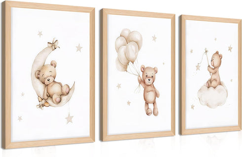 Framed Teddy Bear Wall Art Nursery Decor Set of 3, Bear Sleeping