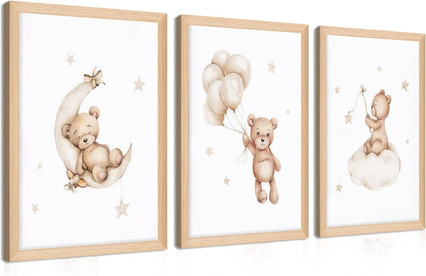 Framed Teddy Bear Wall Art Nursery Decor Set of 3, Bear Sleeping