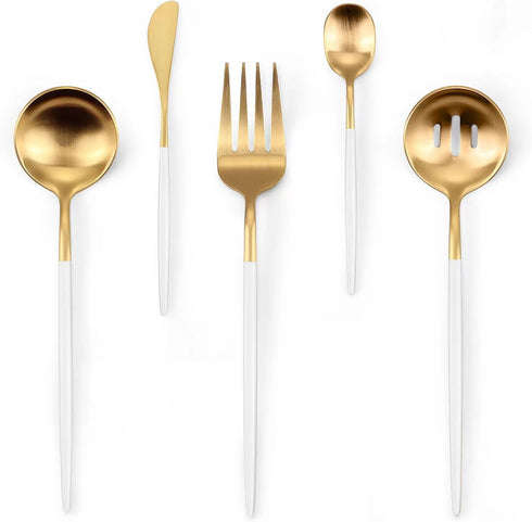 Serving Utensils Set of 5, Matte White Gold Large Spoon, Slotted Spoon, Serving Fork, Sugar Spoon, Butter Knife