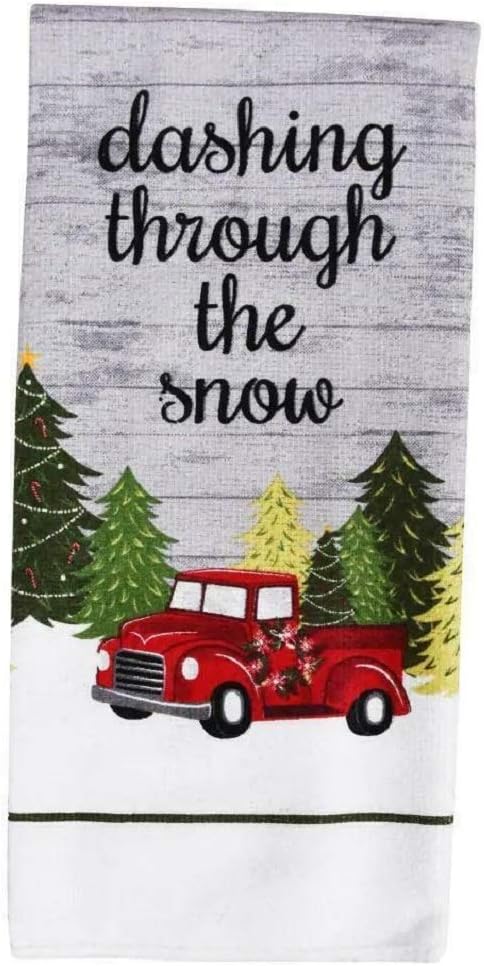 Greenbrier Set of 2 Christmas Microfiber Kitchen Towels, Dashing Through The Snow, 15x25 in Red Truck
