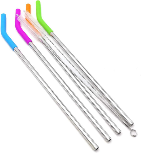 Big Drinking Straws Reusable, 12" Extra Long 8mm Extra Wide Food-Grade 18/8 Stainless Steel with Silicone Elbows Tips