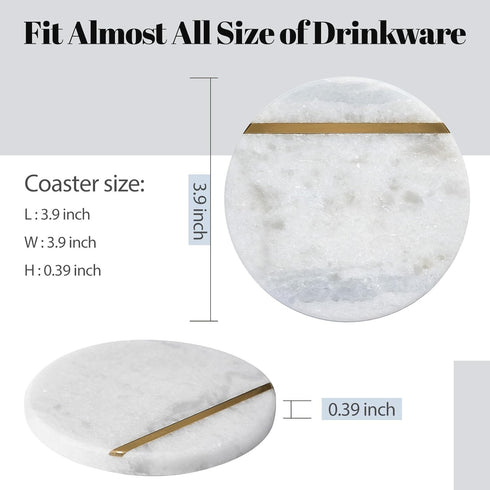 Set 6 3.9" Inches Koville White Marble Coasters of for Coffee Table, Handmade Round Coaster, Luxury Aesthetic Marble