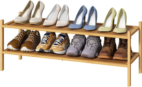 kiplant Long Shoe Rack, 2-Tier Bamboo Wood Shoe Rack, Stackable for Closet, Entryway