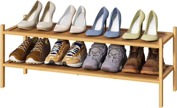 kiplant Long Shoe Rack, 2-Tier Bamboo Wood Shoe Rack, Stackable for Closet, Entryway