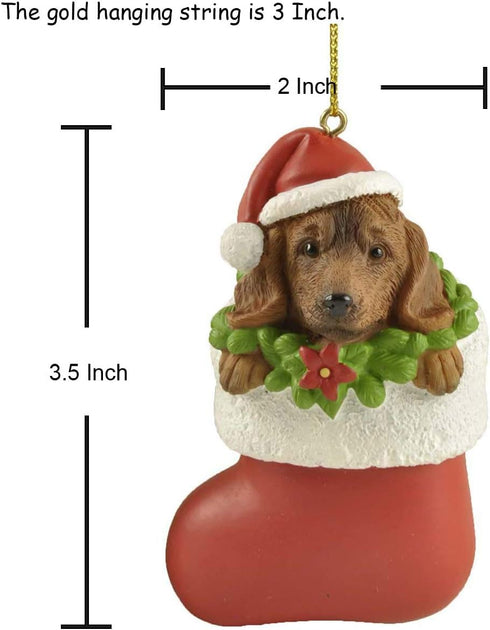 Cici & Jimmy 3.5 Dachshund Christmas Ornament with Gold Hanging String Cute Wiener Dog in Stocking Figurine for Tree