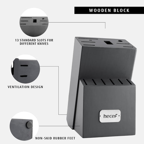 hecef 14 Pieces Kitchen Knife Block Set with Wooden Block & Sharpener, High Carbon Stainless Steel Cutlery Set