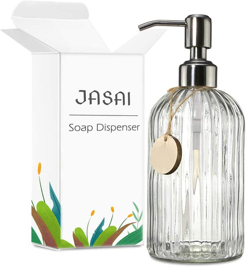 18 Oz JASAI Clear Glass Soap Dispenser with Rust Proof Stainless Steel Pump, Refillable Liquid Hand soap Dispenser