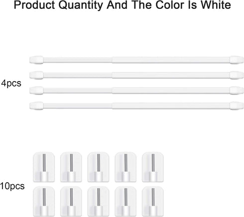 Jetec 4 Pieces Extendable Curtain Rod - Adjustable Plastic Bars with 10 Self Adhesive Hooks for Home Supply
