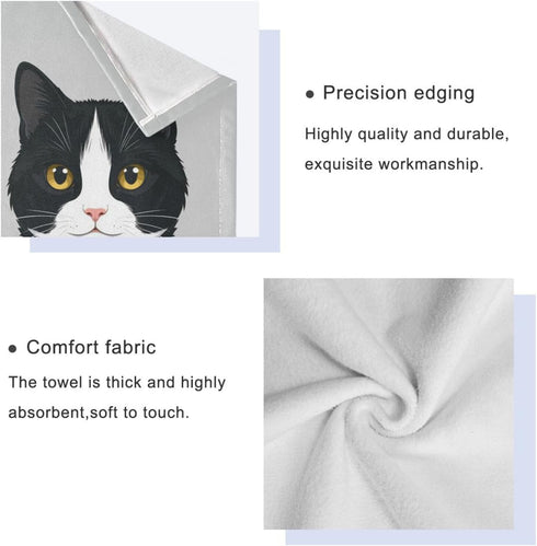 Aslsiy Set 3 Cute Black White Cat Towel Pcs Kitten Kitty Bath Hand Towels Washcloth Soft Thin Durable Towel
