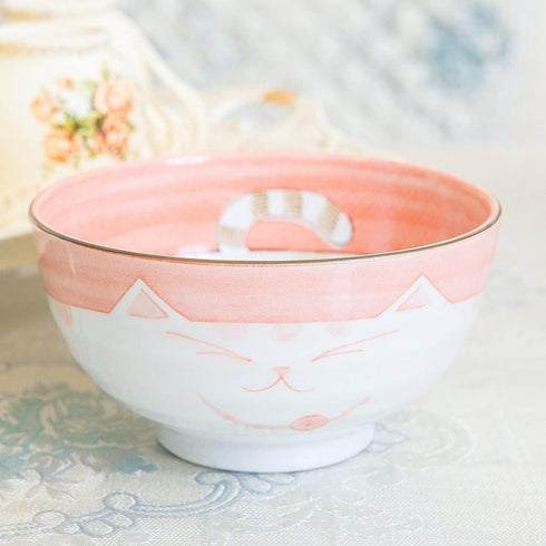 JapanBargain 2483 Japanese Porcelain Soup Bowl, Ramen Bowl with Maneki Neko Smiling Cat Pattern, 5-inch (2, Pink)