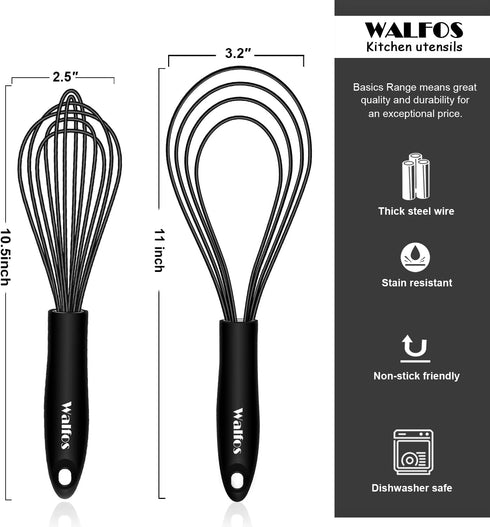Walfos Whisk Combo, 11inch Flat Whisks and 10inch Balloon Whisk, Silicone Whisks for Cooking, Non Scratch Coated