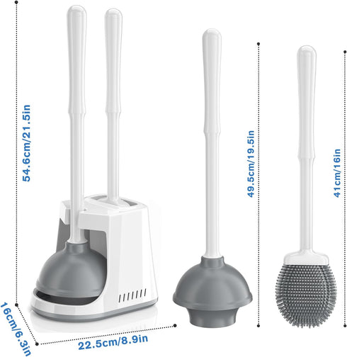 Newest Toilet Plunger and Brush Set, Heavy Duty Silicone Brush and Ventilated Holder, 2-in-1 Combo for Bathroom