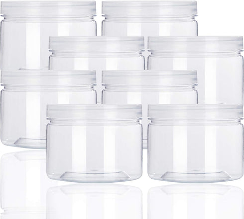 12oz Clear Plastic Storage Jars, 8 Pack Refillable Wide-Mouth Containers for Beauty Products, Kitchen & Household