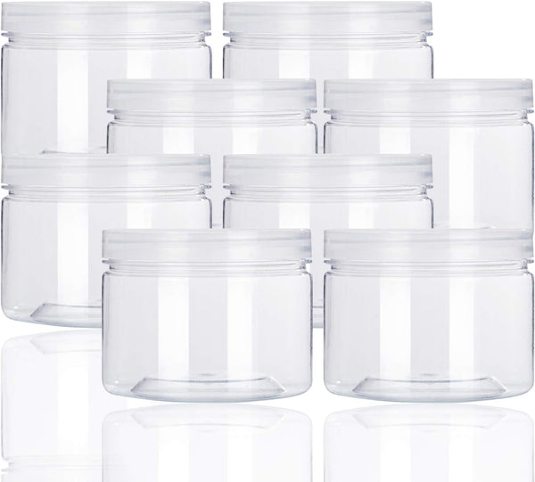 12oz Clear Plastic Storage Jars, 8 Pack Refillable Wide-Mouth Containers for Beauty Products, Kitchen & Household