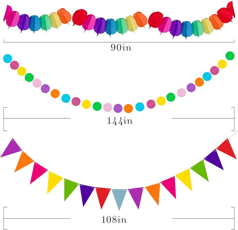 Huryfox 33pcs Fiesta Party Decorations - Colorful Mexican Themed Hanging Paper Fans, Pom Poms, and Streamers