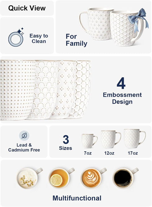 16 oz,Ceramic Set, 3.8 inch, Set 4, LE TAUCI Coffee Mugs Mug Embossment Cups for Latte, Hot Tea, Cappuccino, Mocha
