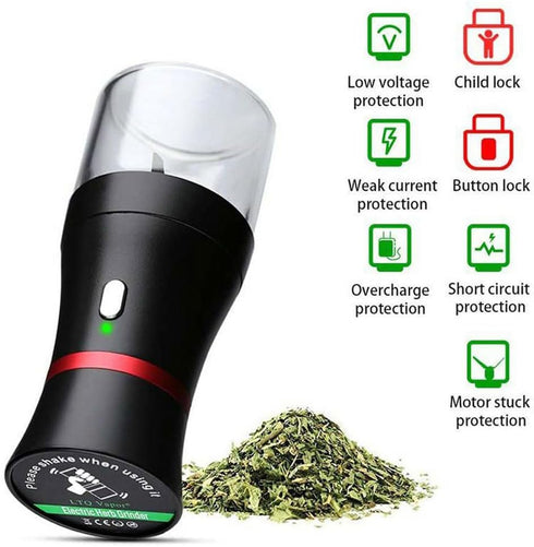 Electric Herb Grinder, Compact Size, Fast Grinding, USB-Rechargeable with 2 Glass Herb Jars and Mini Shovel