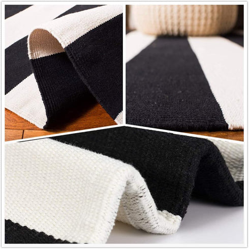 Black and White Striped Rug, 23.6 x 51.2 Inches Handmade Woven Indoor/Outdoor Doormat for Kitchen and Living Room