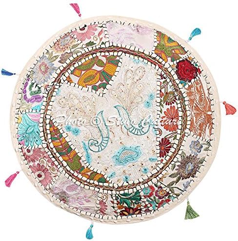 Stylo Culture (16x16x13) Indian Patchwork Pouf Ottoman Cover Round Embroidered Pouffe White Cotton Floral Traditional