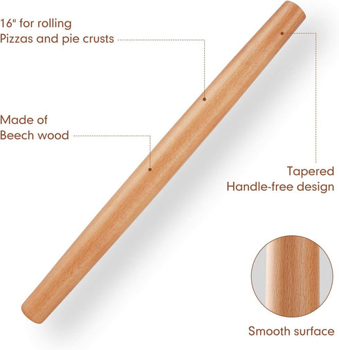 QUELLANCE Wood French Rolling Pin for Baking, Wooden Dough Roller with Silicone Baking Mat, Beech Wood, Red Pastry Mat