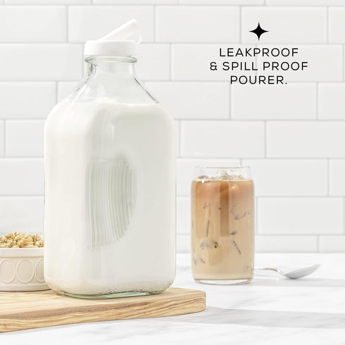 64 Oz, 3 Pack JoyJolt Glass Milk Bottles with Lids and Pourer Airtight Heavy Duty Reusable Glass Bottles, Leakproof