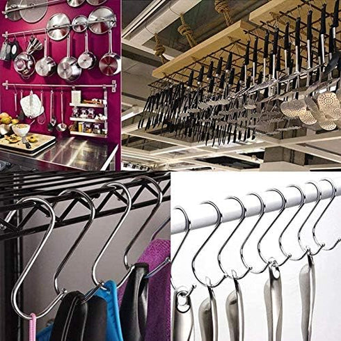 MroMax Stainless Steel S Hooks, 125mm/4.92" Silver S Shaped Hook Hangers for Kitchen, Bathroom, Bedroom, Storage Room,